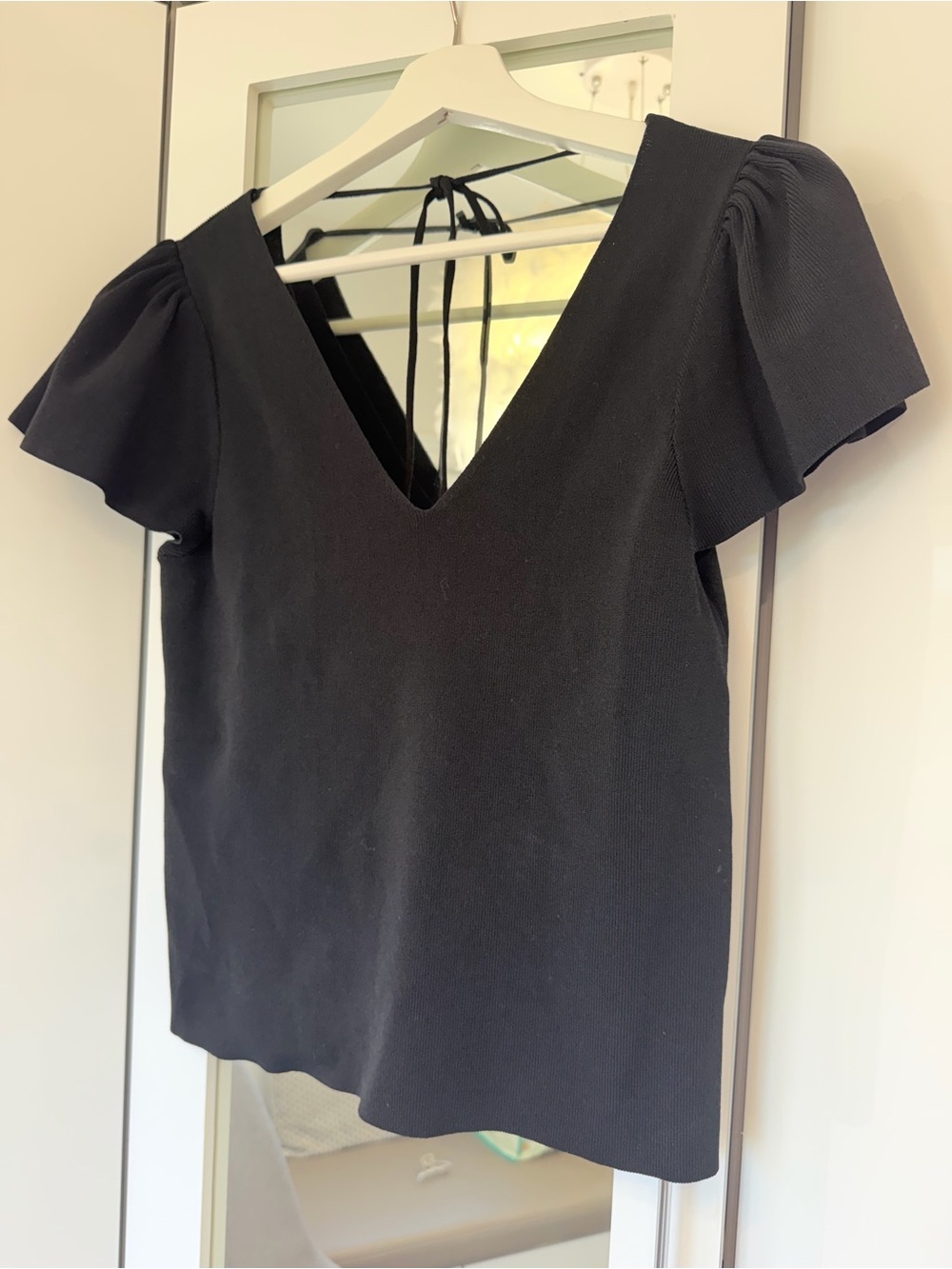Mango Black V-Neck Flutter Sleeve Top